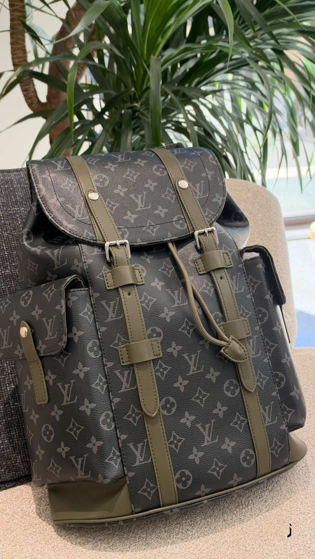 Monogram Utility Backpack with Olive Trim — view 2