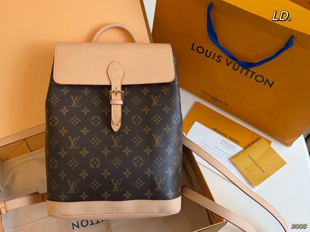 Monogram Flap Backpack with Tan Trim — view 4