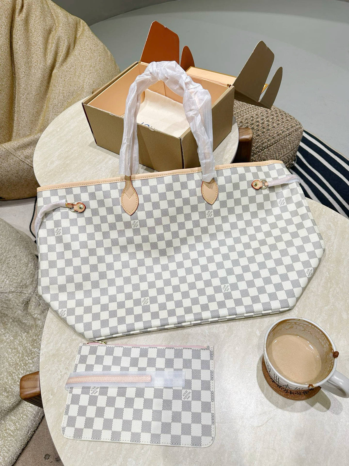 White Check Large Tote with Pouch — view 2