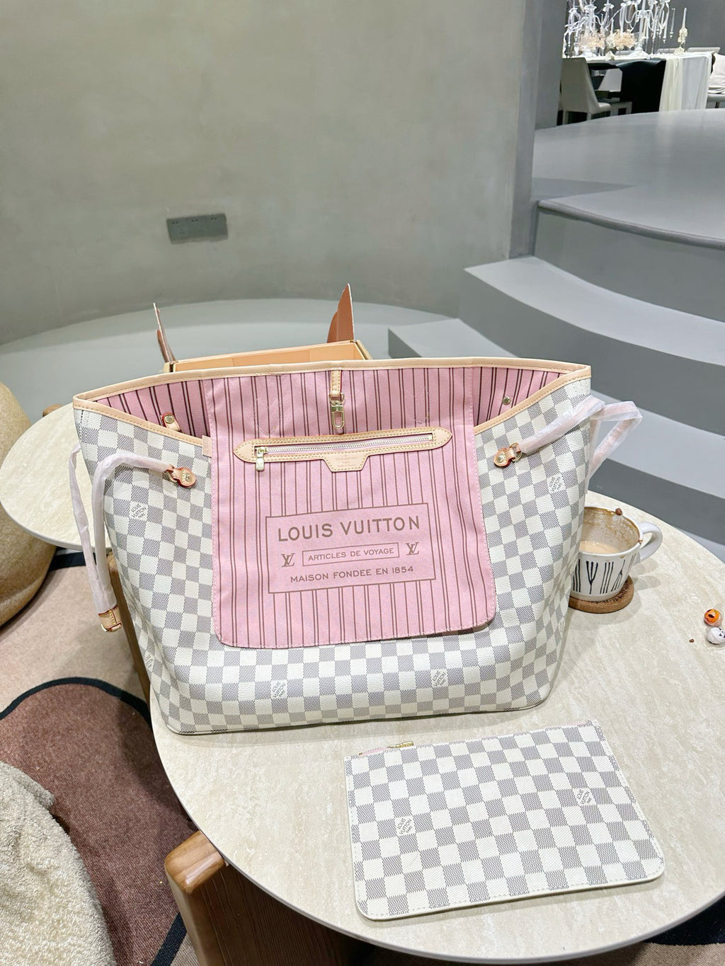 White Check Large Tote with Pouch — view 3