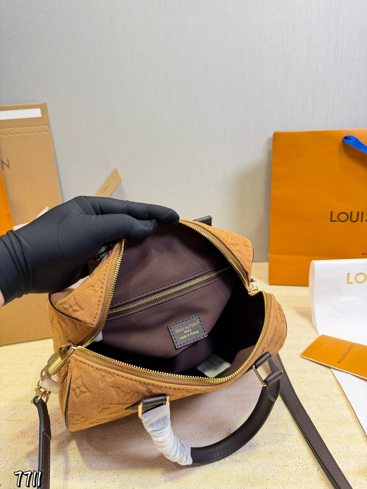 Suede Embossed Barrel Satchel — view 7