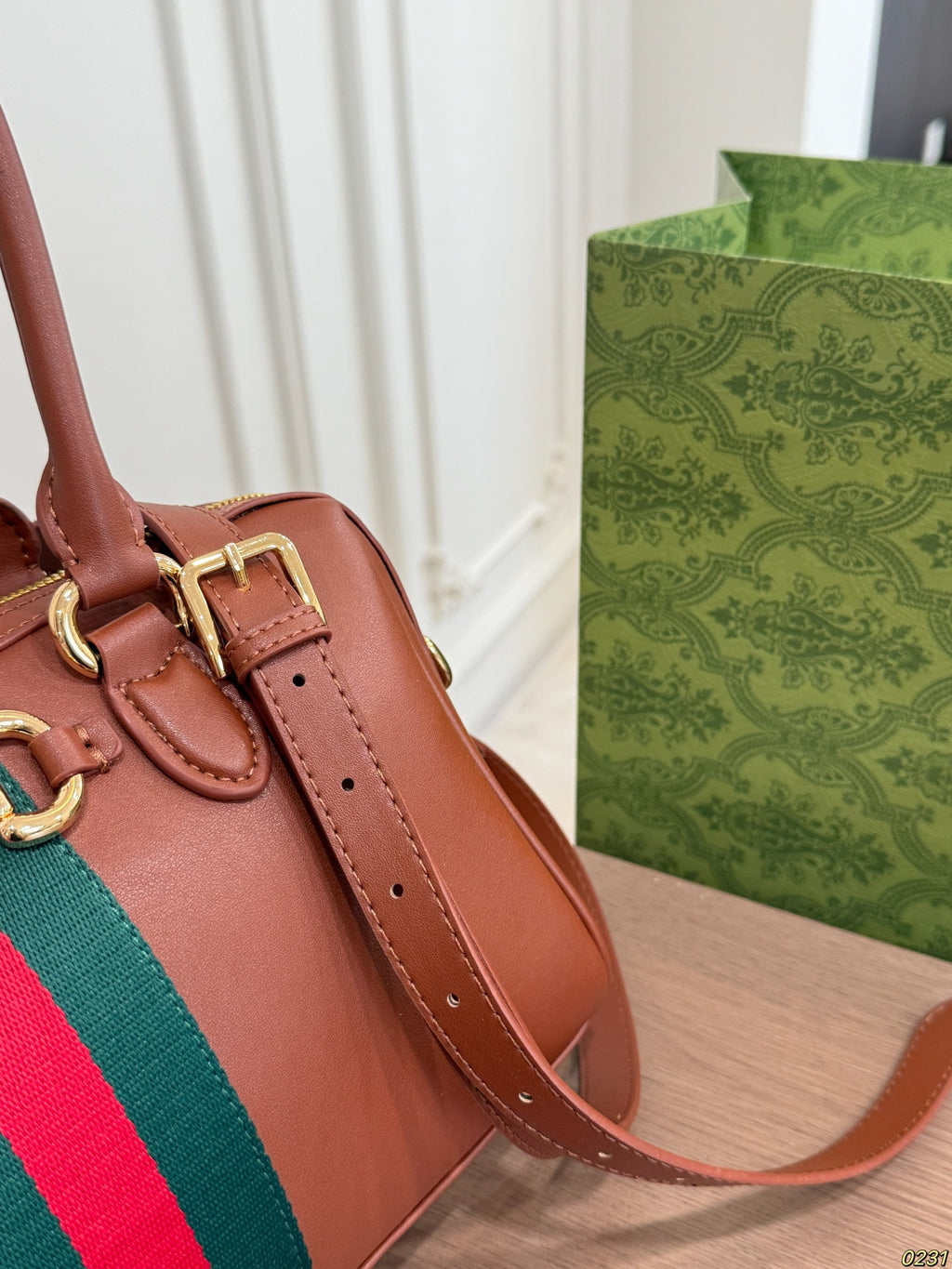 Striped Barrel Satchel with Long Handles — view 5
