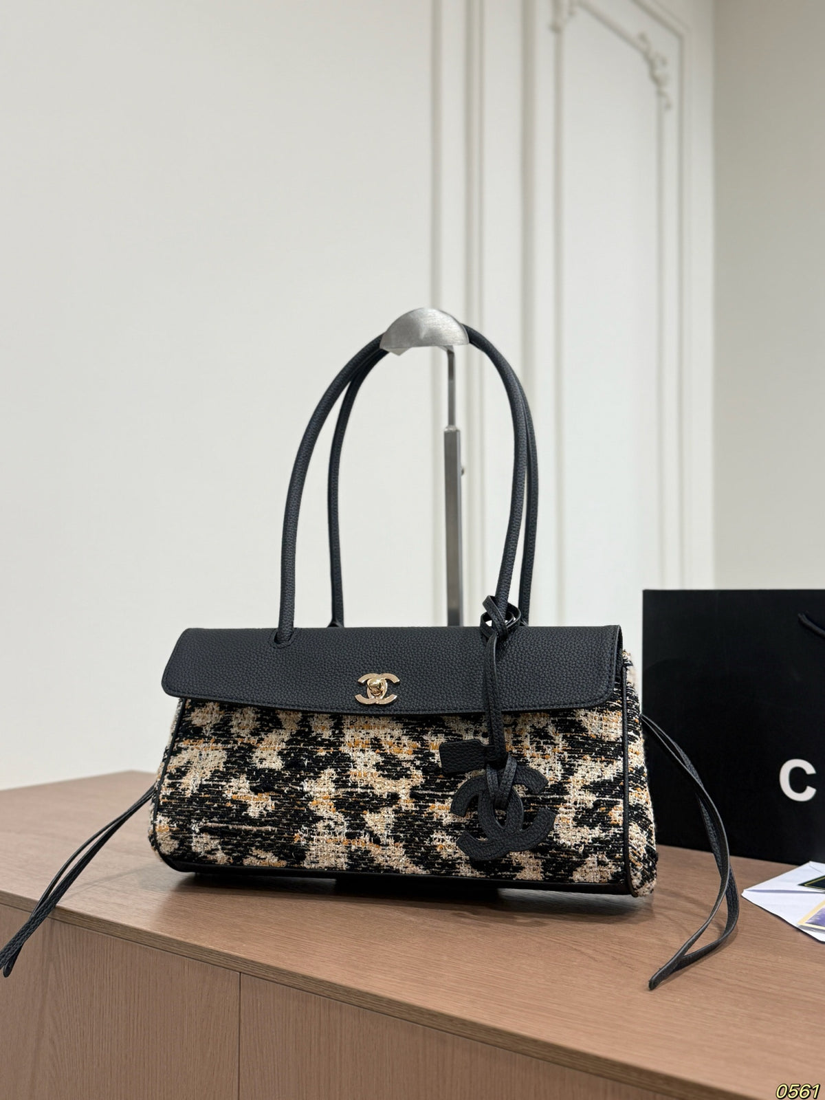 Tweed Flap Shoulder Bag with Long Handles — view 3