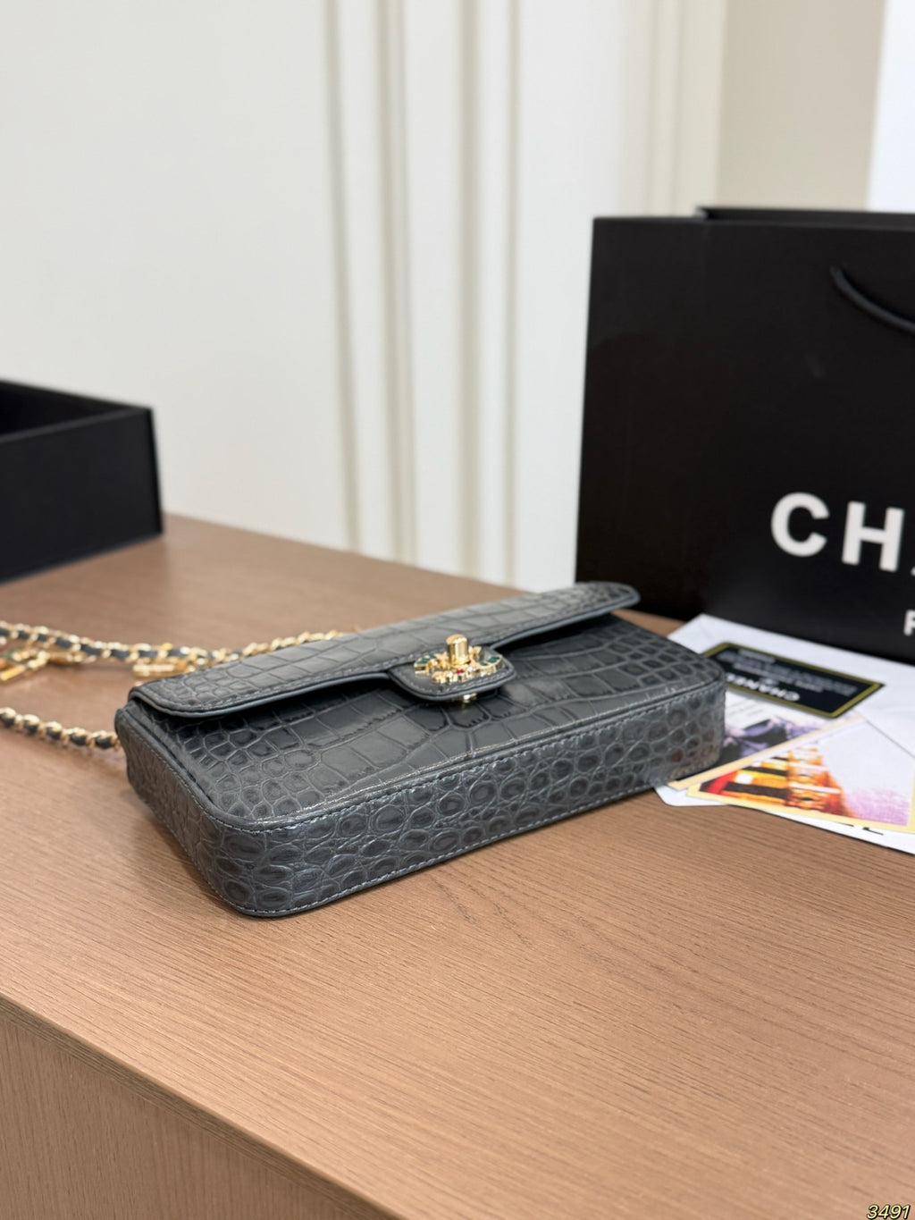 Croc-Embossed Chain Flap Bag — view 3