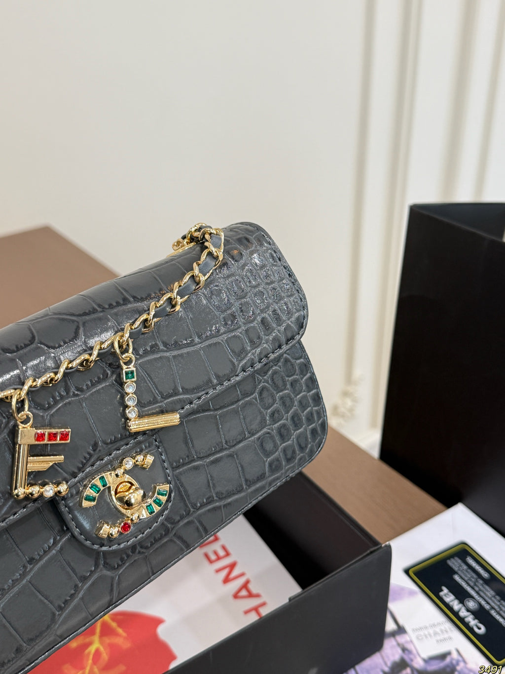 Croc-Embossed Chain Flap Bag — view 4