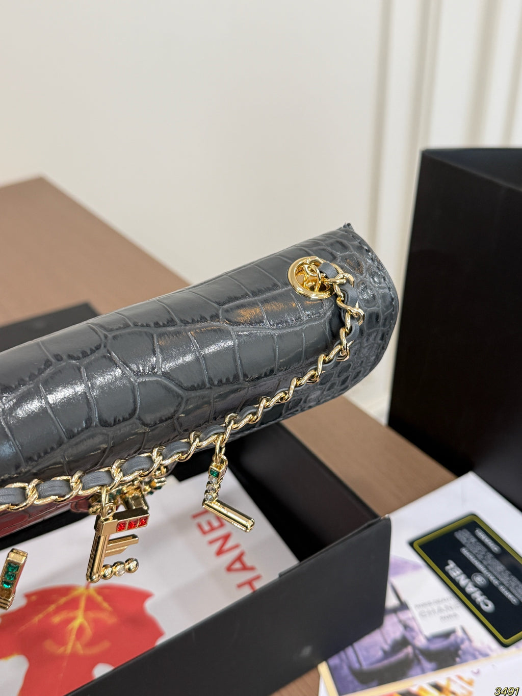 Croc-Embossed Chain Flap Bag — view 6