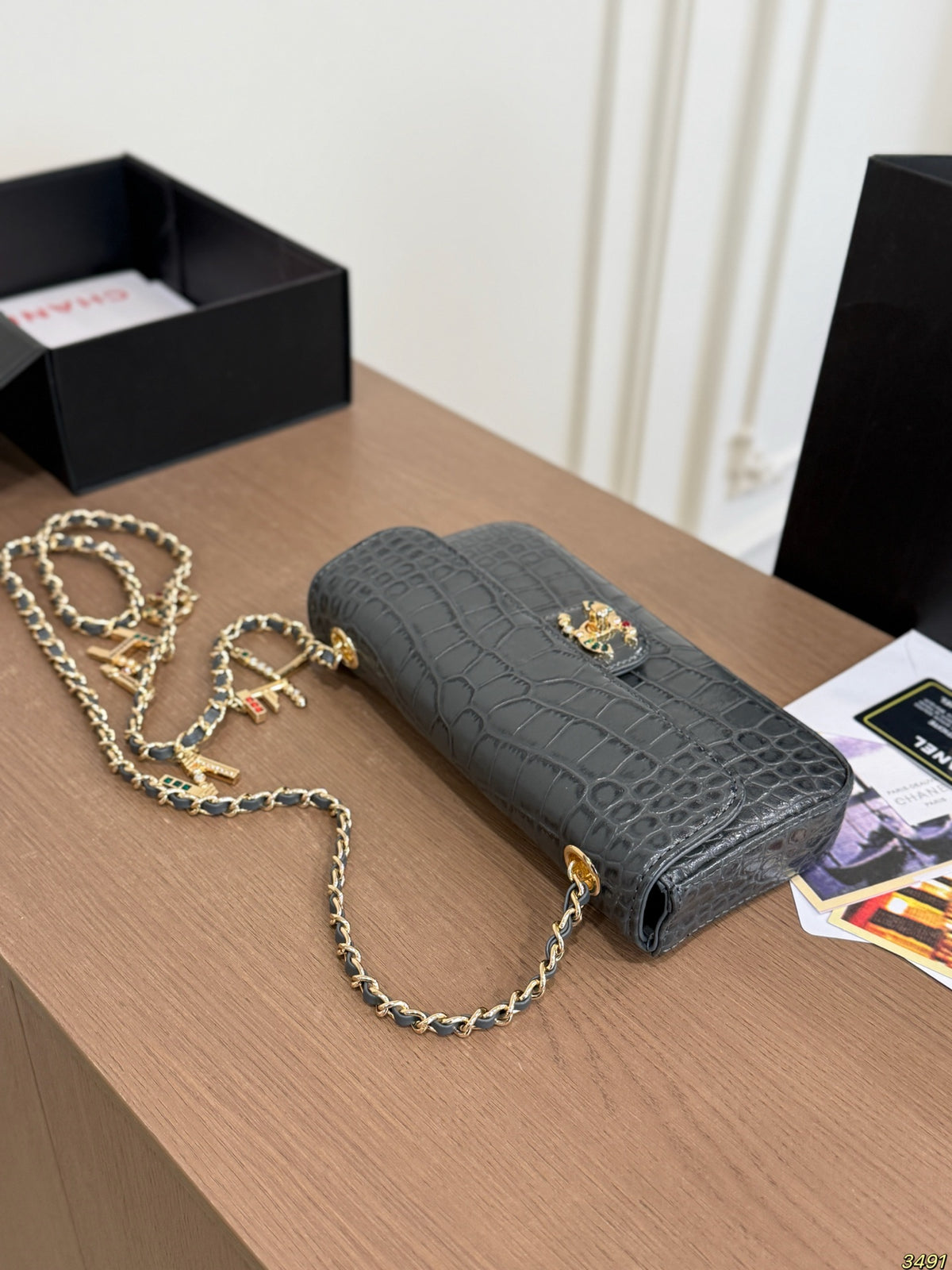 Croc-Embossed Chain Flap Bag — view 8