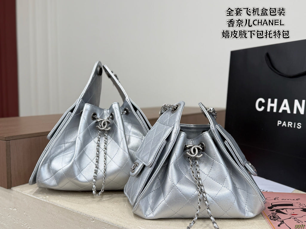 Silver Drawstring Shoulder Bag with Chain — view 1