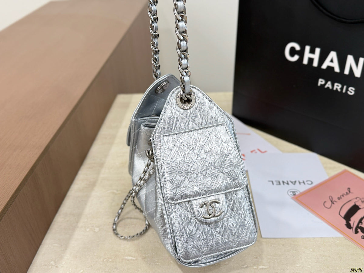 Silver Drawstring Shoulder Bag with Chain — view 3