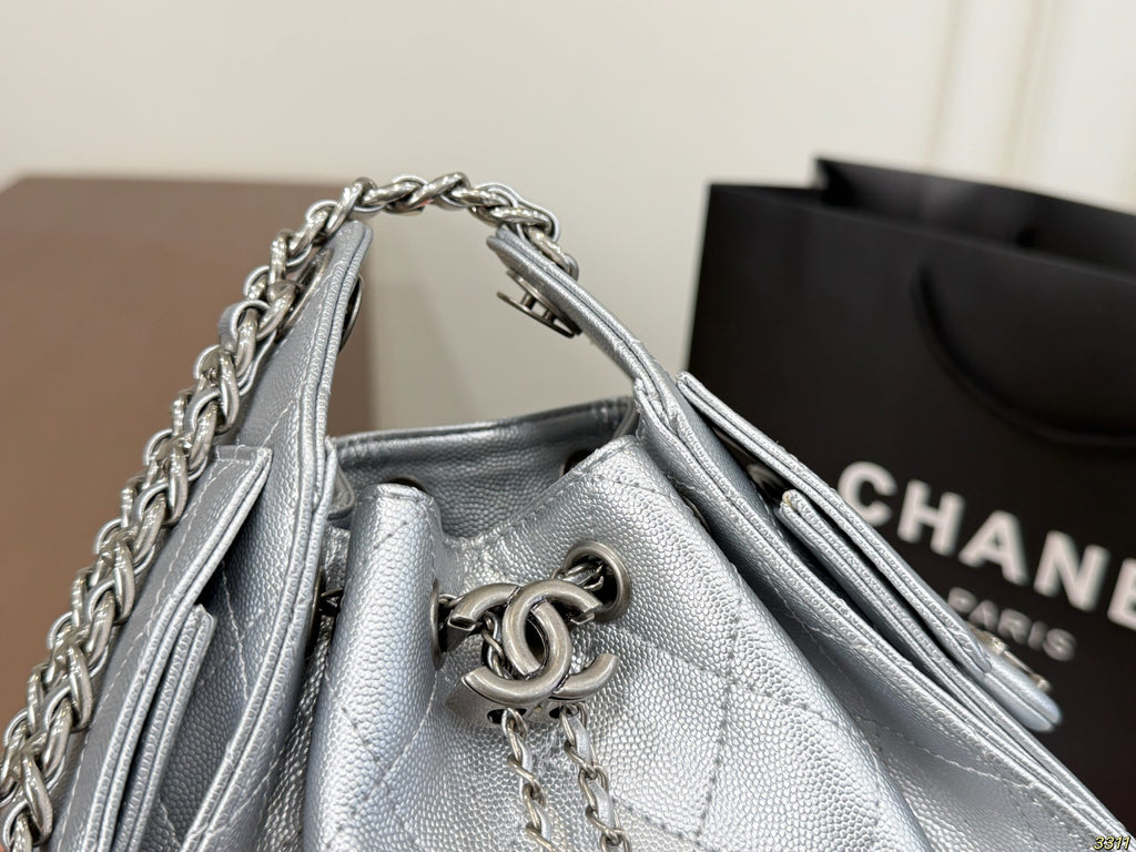 Silver Drawstring Shoulder Bag with Chain — view 5