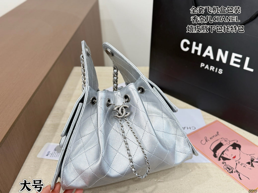 Silver Drawstring Shoulder Bag with Chain — view 7