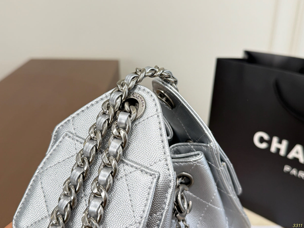 Silver Drawstring Shoulder Bag with Chain — view 9