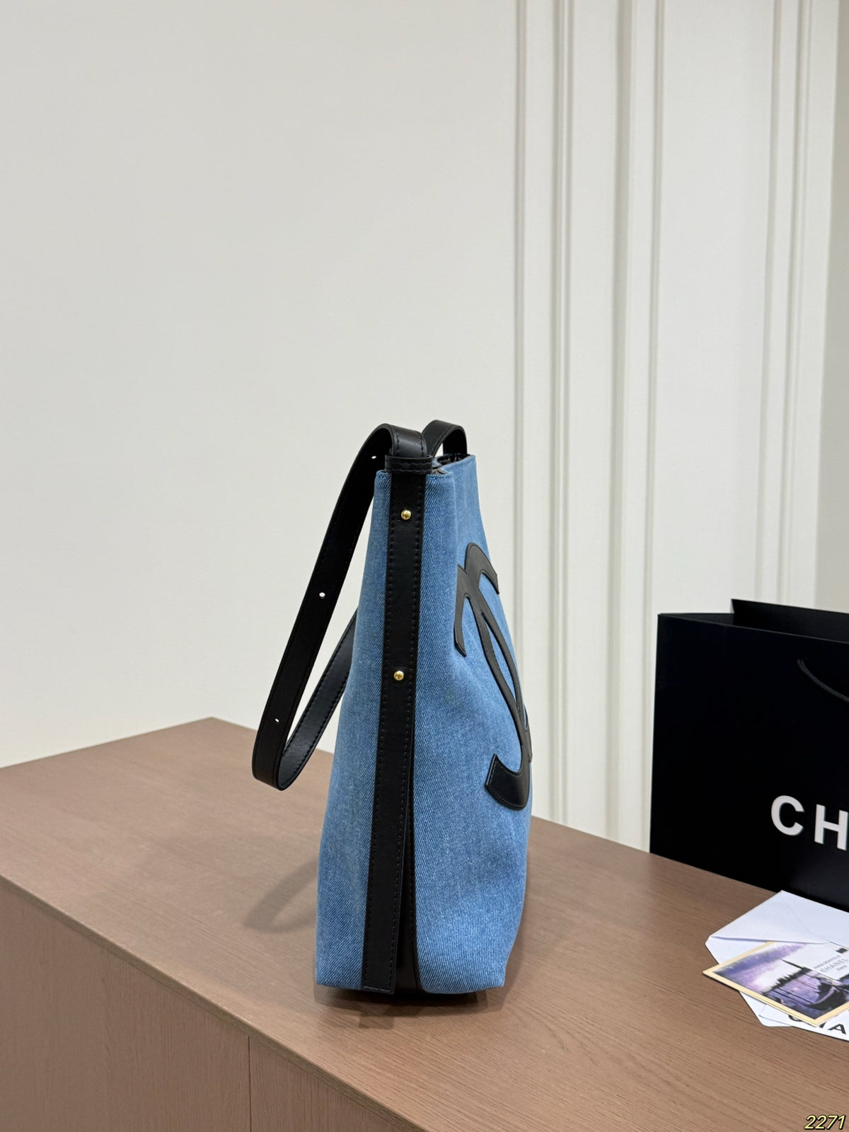 Blue Denim Vertical Shoulder Tote — view 3