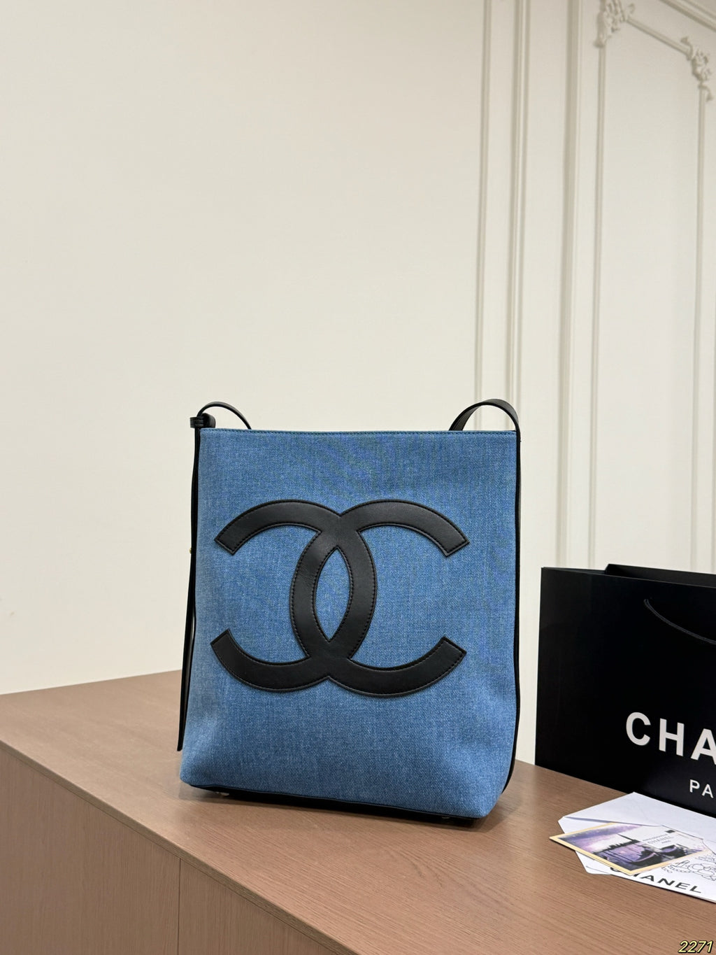 Blue Denim Vertical Shoulder Tote — view 8