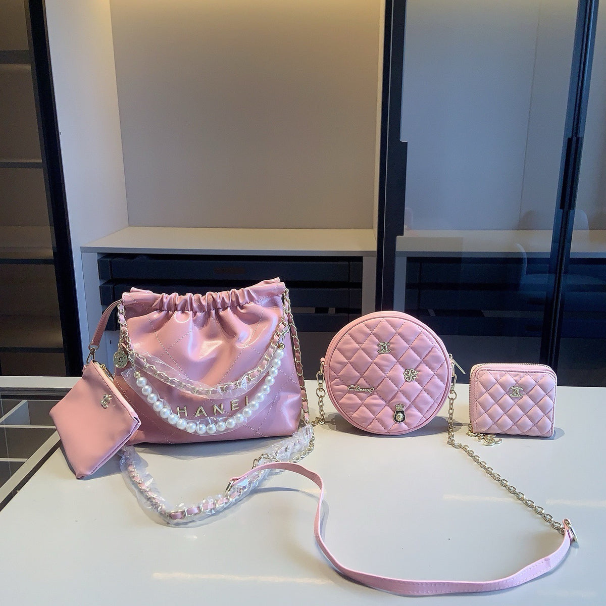 Pink Four-Piece Drawstring Bag Set — view 5