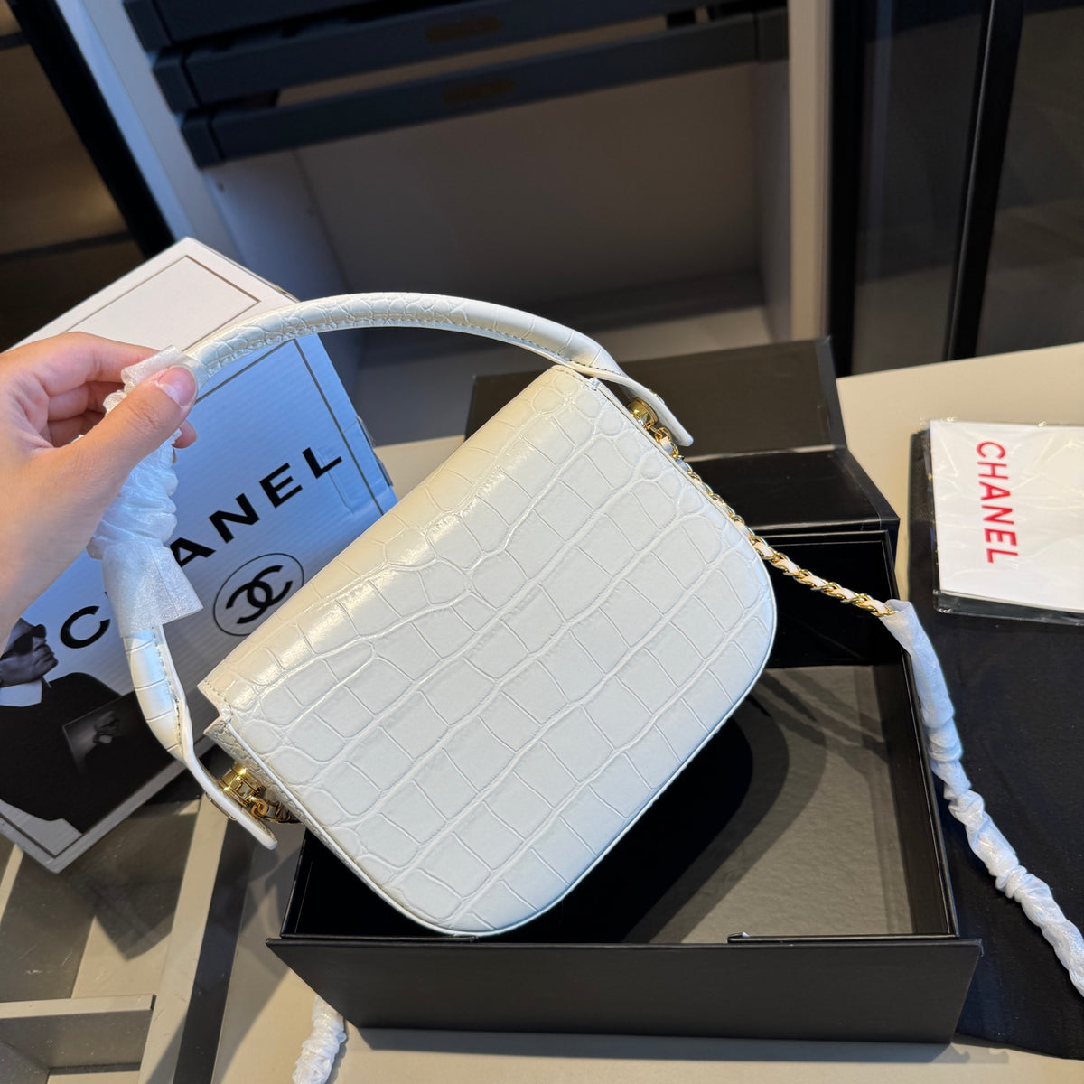 Croc-Embossed Mini Top-Handle Flap Bag — view 4