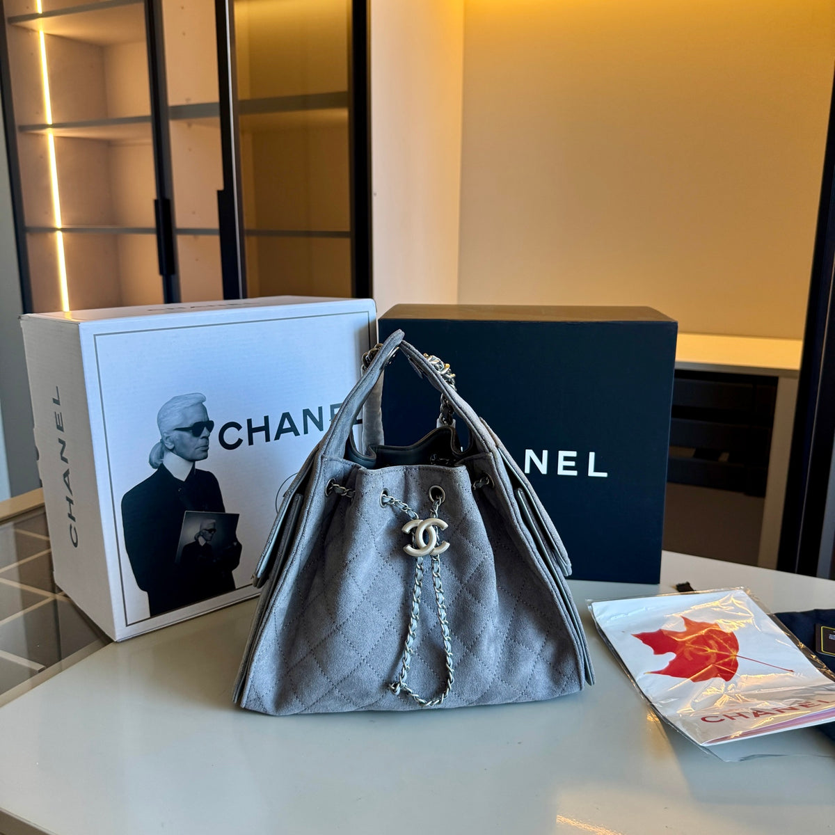 Suede Drawstring Hobo Bag with Chain — view 2