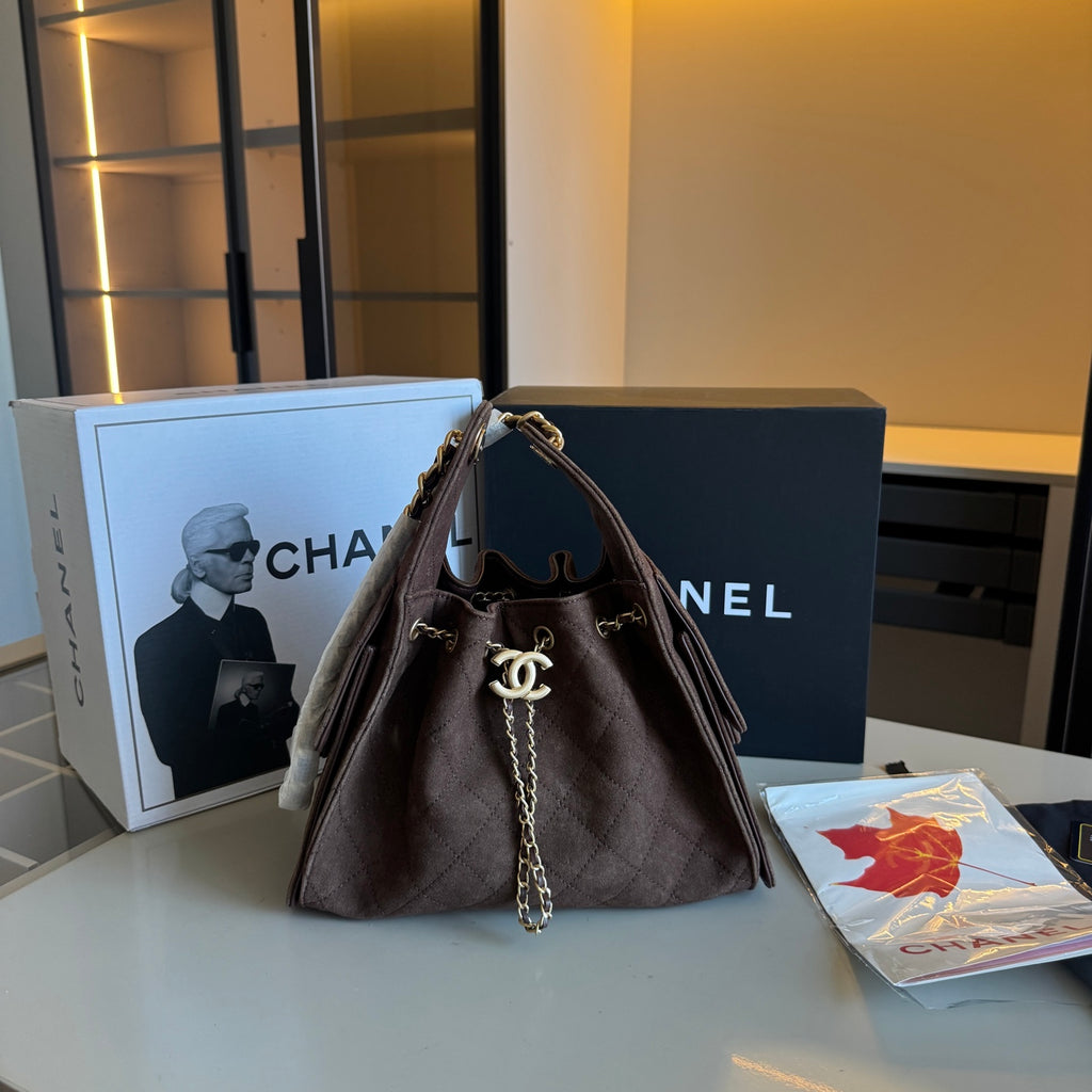 Suede Drawstring Hobo Bag with Chain — view 3