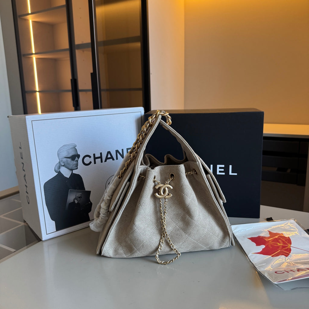Suede Drawstring Hobo Bag with Chain — view 4