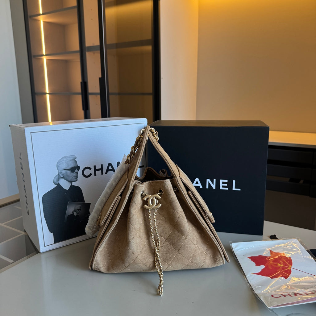 Suede Drawstring Hobo Bag with Chain — view 5