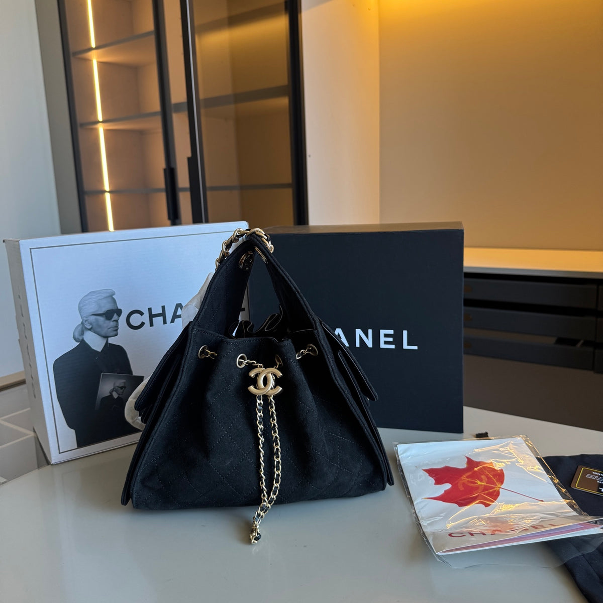 Suede Drawstring Hobo Bag with Chain — view 8