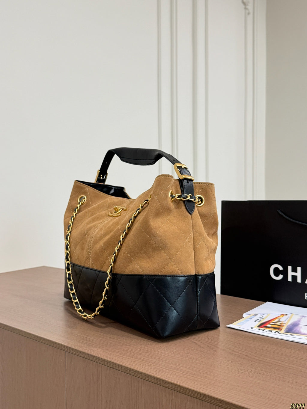Two-Tone Suede Shoulder Bag with Chain — view 1