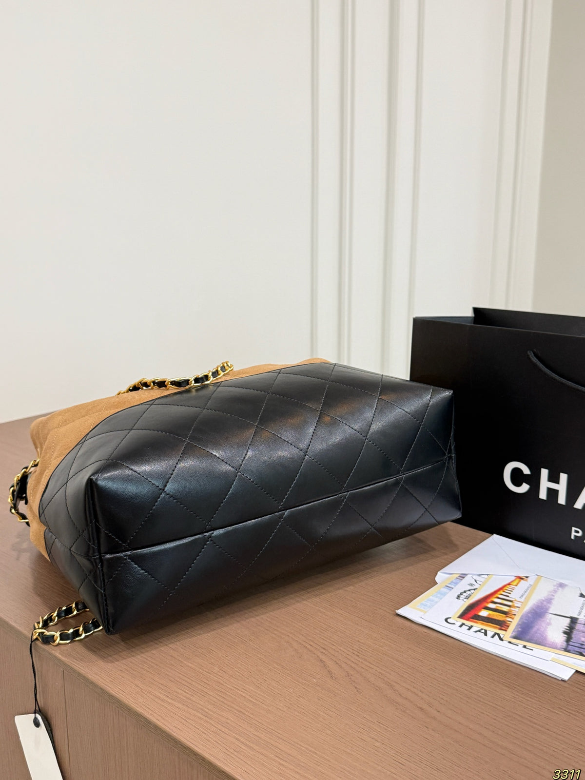 Two-Tone Suede Shoulder Bag with Chain — view 2