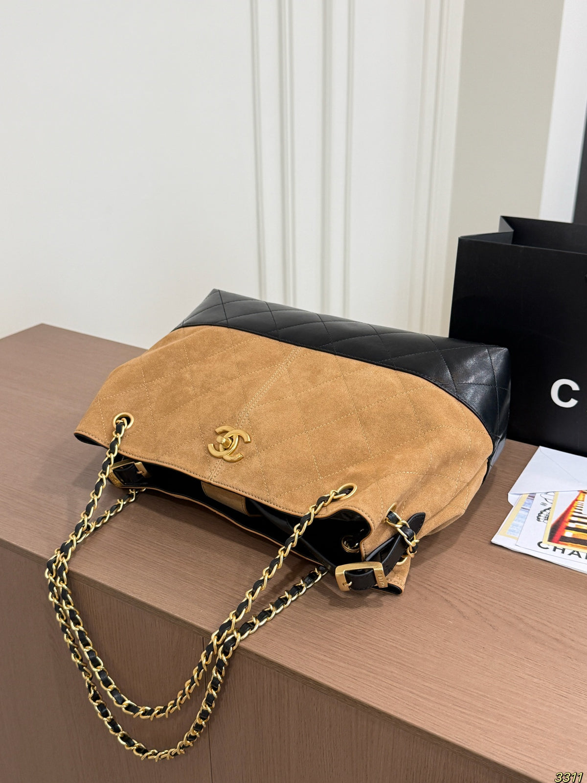 Two-Tone Suede Shoulder Bag with Chain — view 4