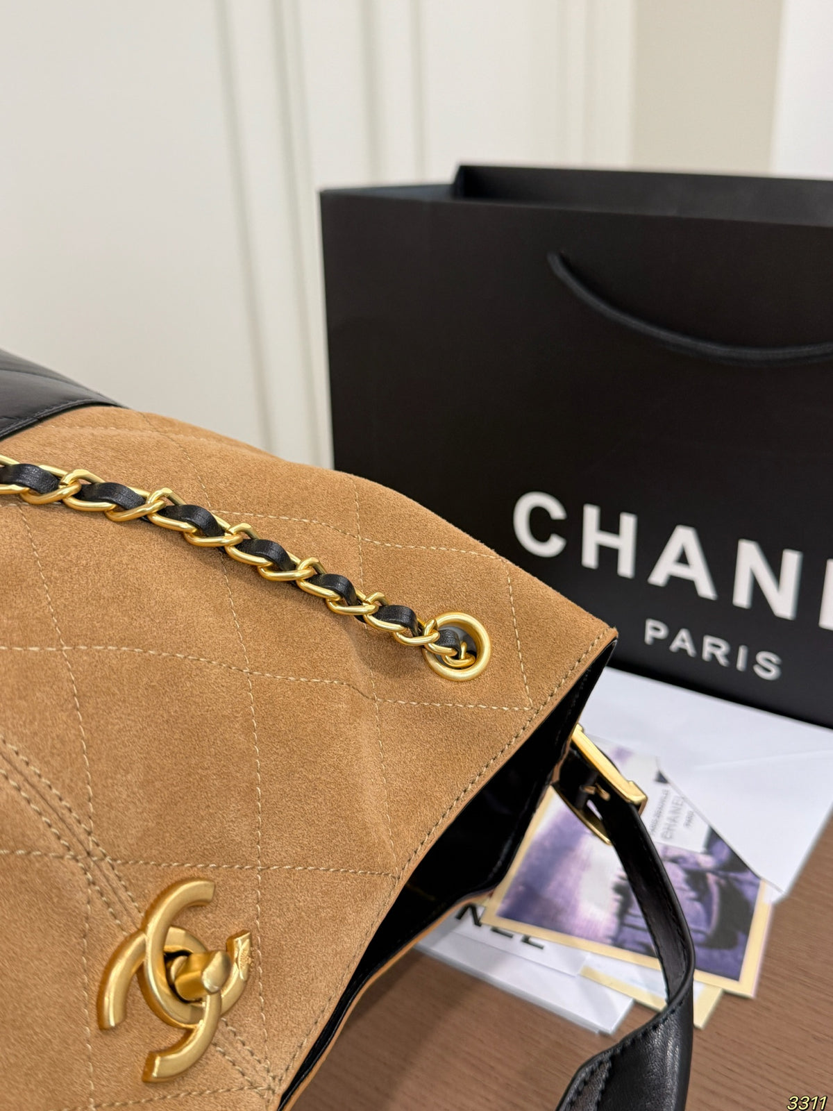 Two-Tone Suede Shoulder Bag with Chain — view 5