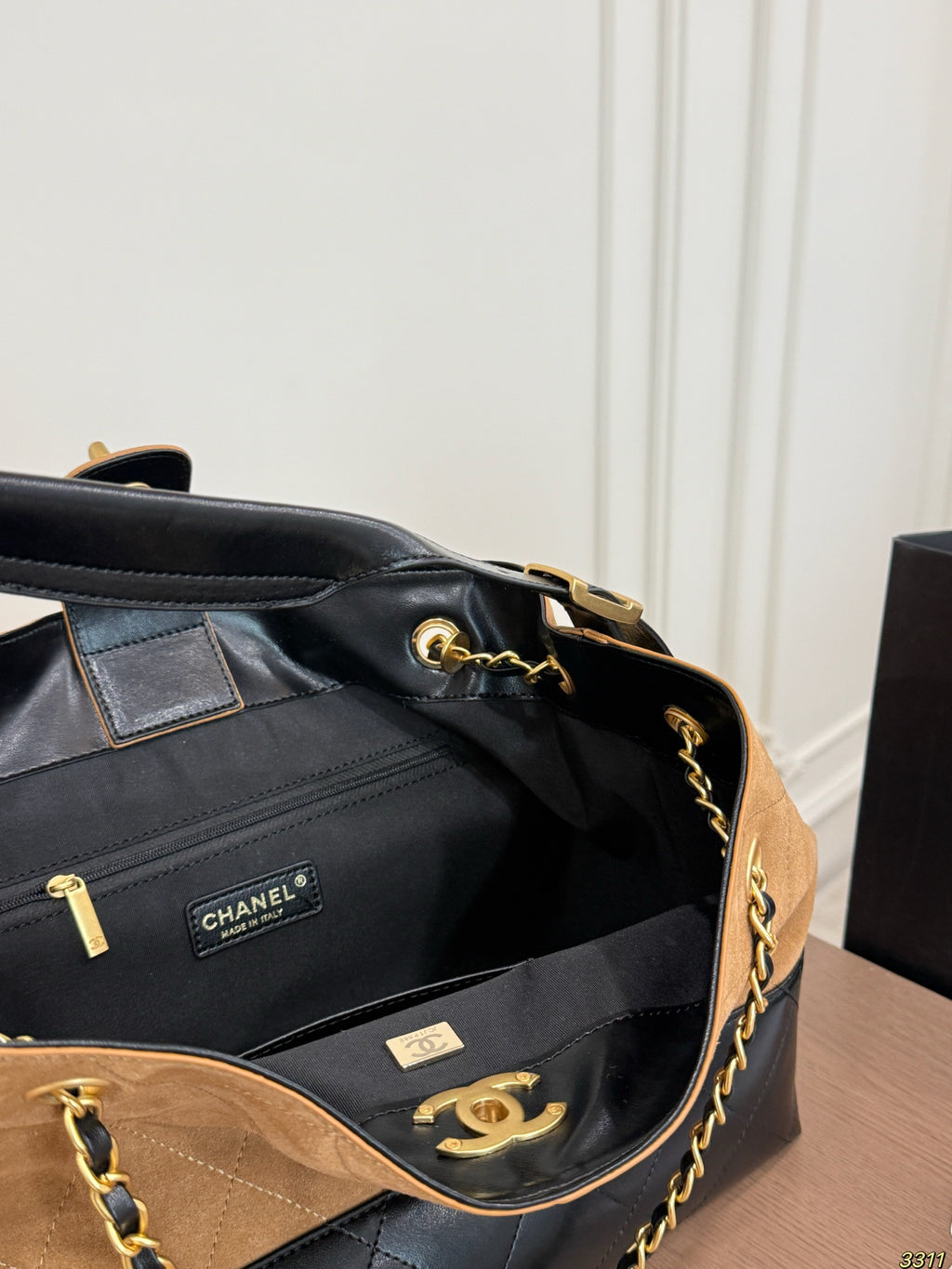 Two-Tone Suede Shoulder Bag with Chain — view 6