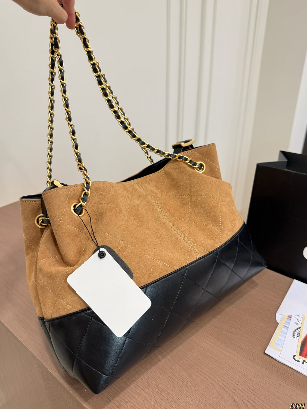 Two-Tone Suede Shoulder Bag with Chain — view 7