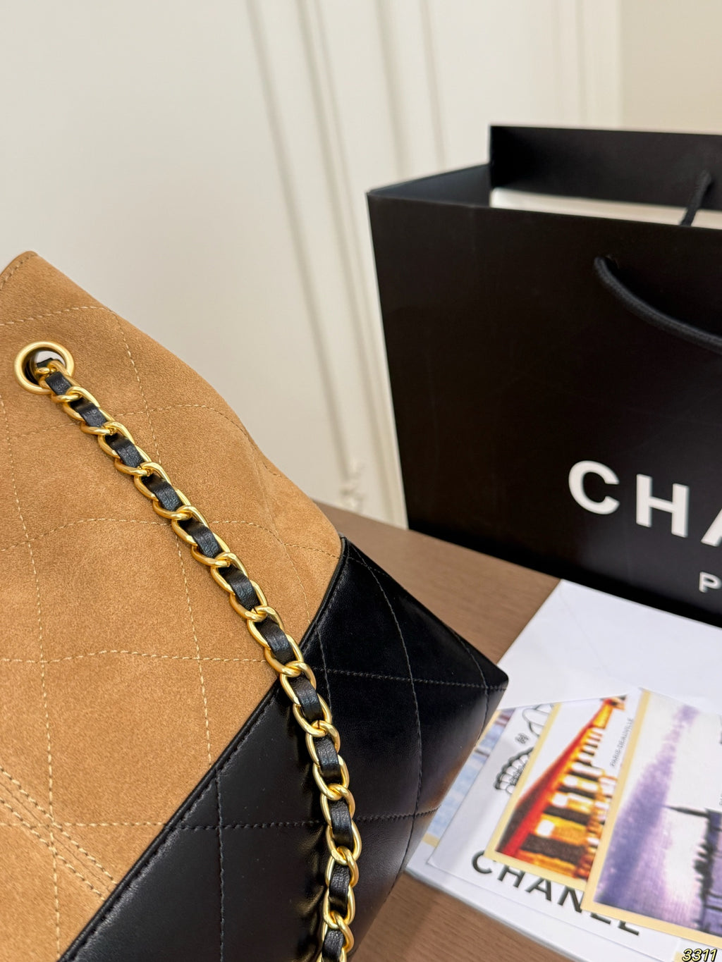 Two-Tone Suede Shoulder Bag with Chain — view 9