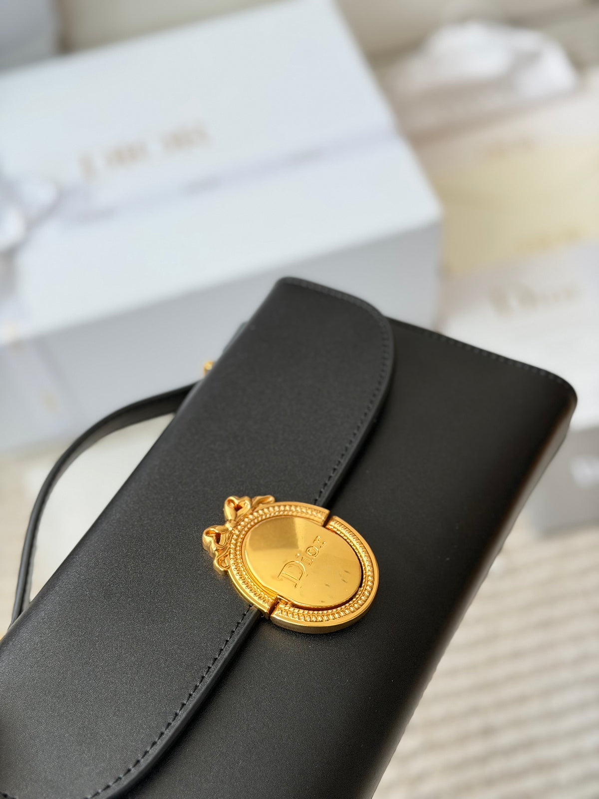 Black Leather Flap Bag with Oval Clasp — view 3