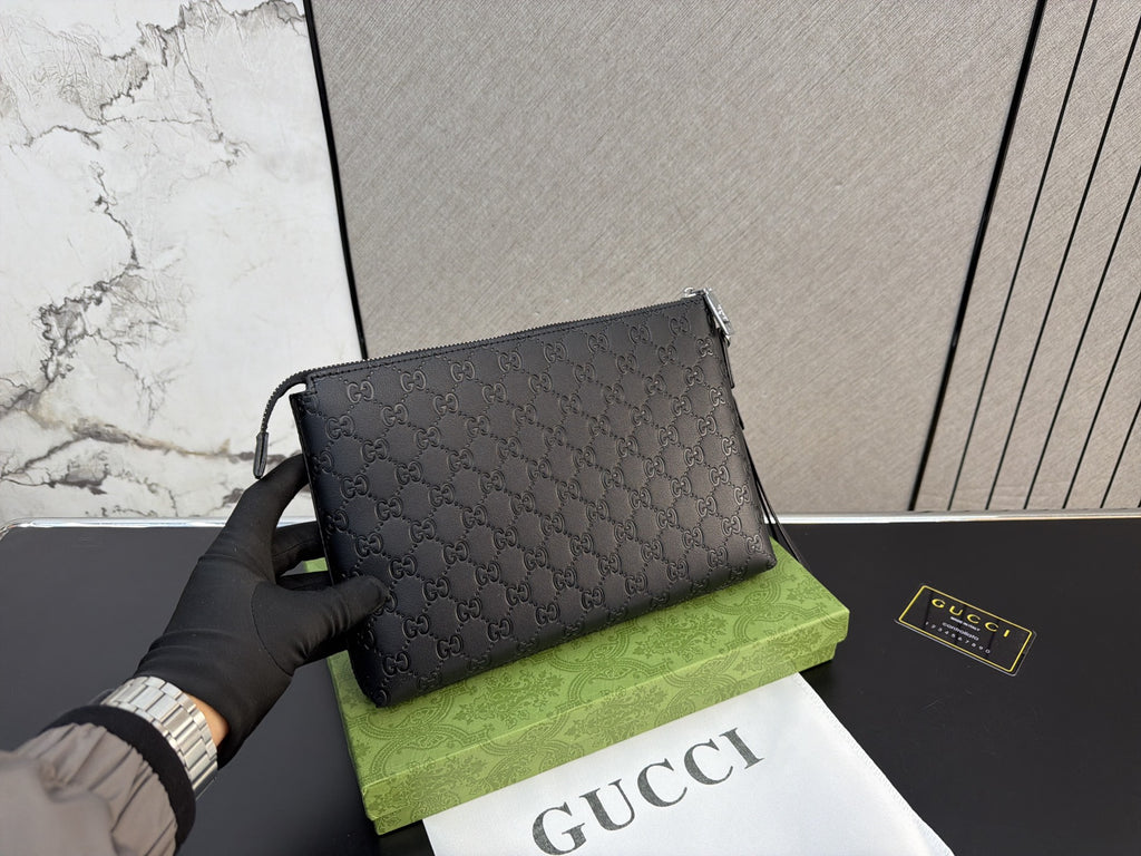 Black Embossed Monogram Zip Clutch — view 8