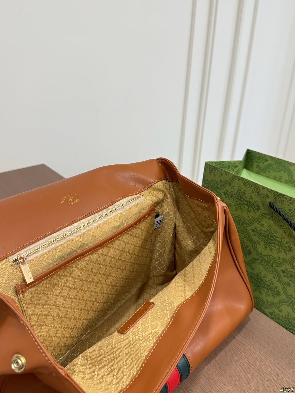 Tan Striped Top-Handle Flap Bag — view 2