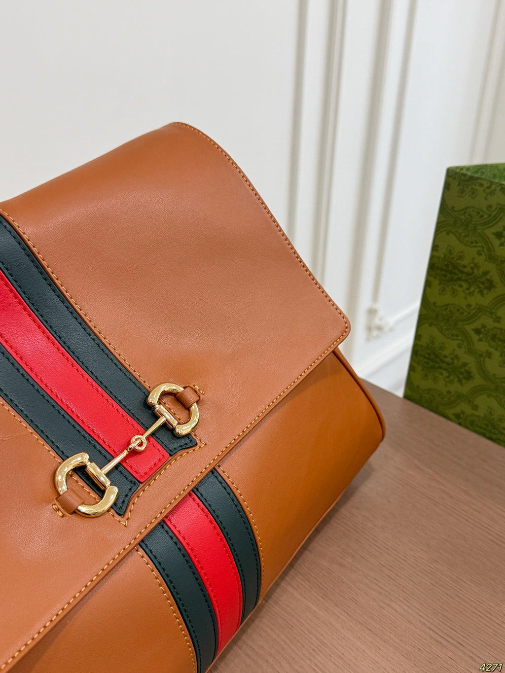 Tan Striped Top-Handle Flap Bag — view 3