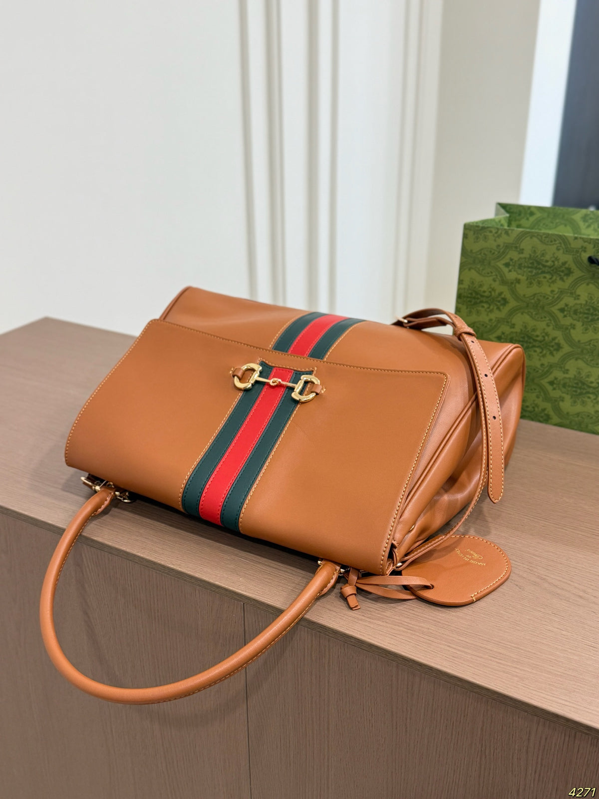 Tan Striped Top-Handle Flap Bag — view 6