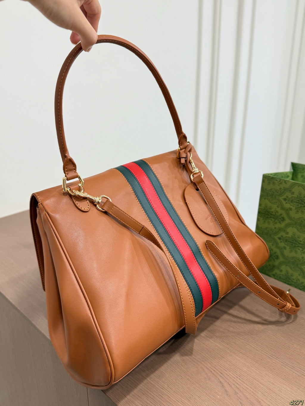 Tan Striped Top-Handle Flap Bag — view 8
