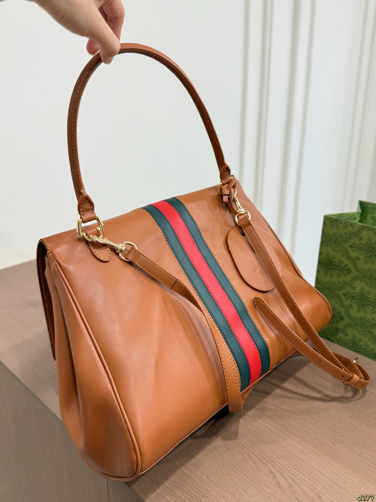 Tan Striped Top-Handle Flap Bag — view 8