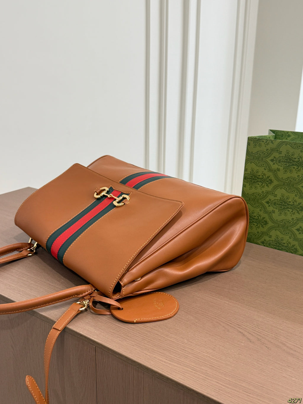 Tan Striped Top-Handle Flap Bag — view 9