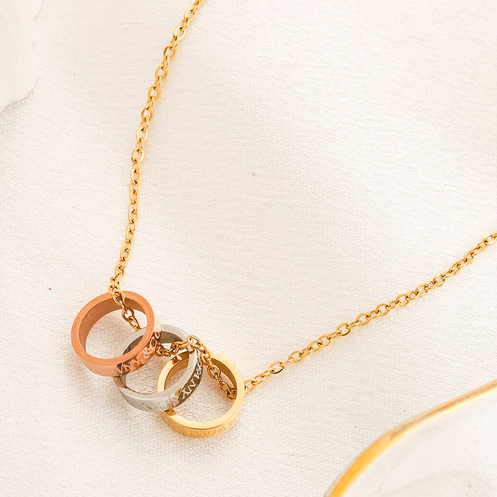 304 Stainless Steel Pave Double-Band Ring Pendant Necklace