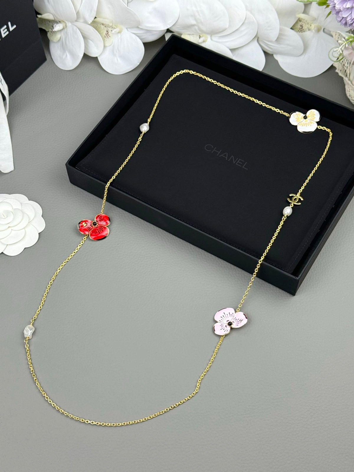 Layered Floral Necklace with Pearl-Look Tassels