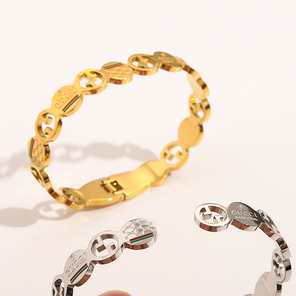 Bracelet jonc station double G ajouré en acier inoxydable 304