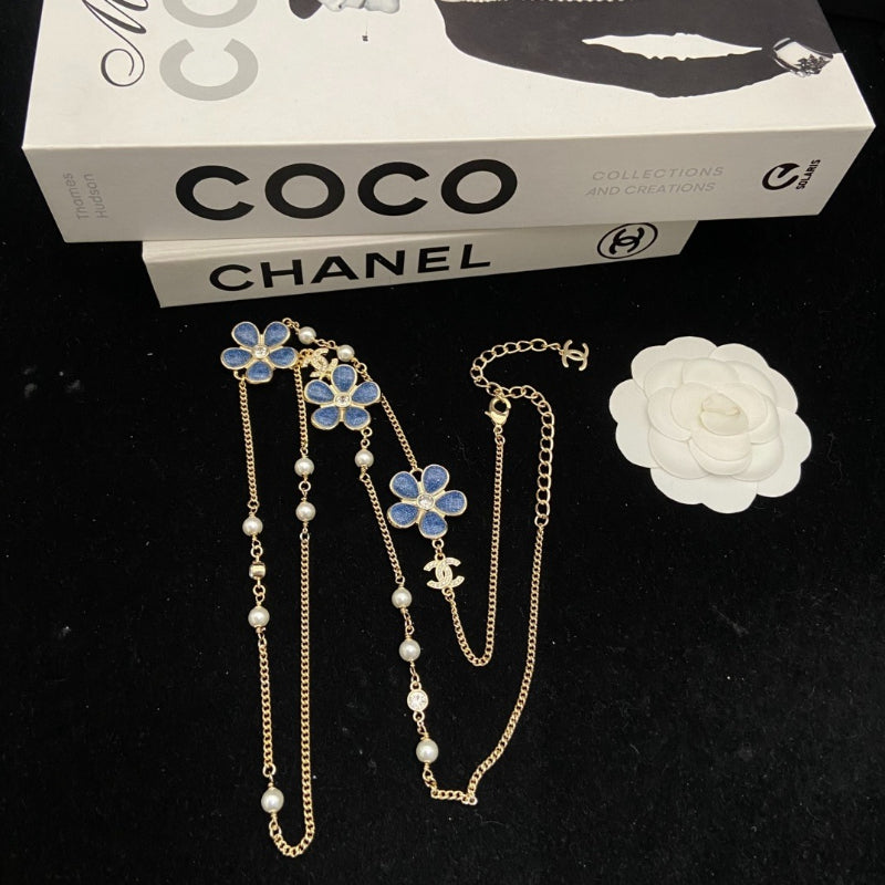 Blue Flower & Pearl-Look Bead Long Necklace