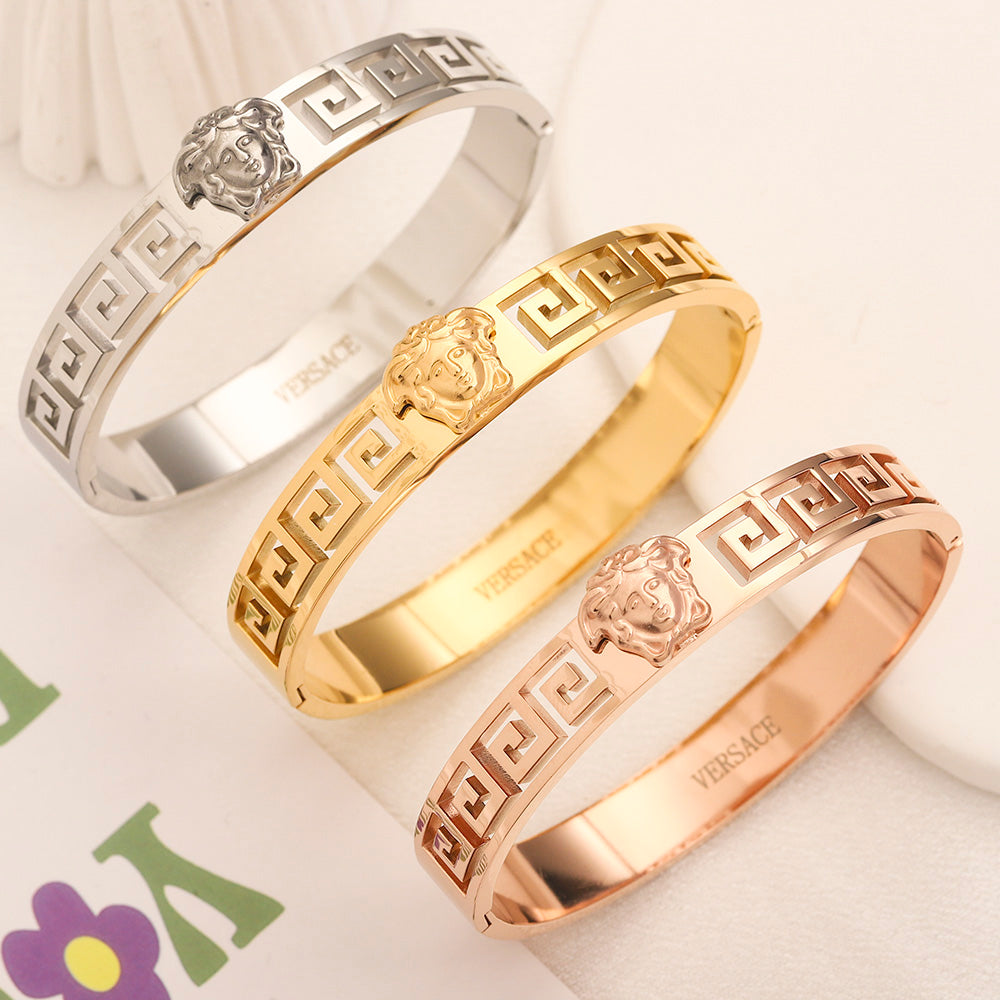 Pulsera rígida articulada de acero inoxidable 304 con diseño de greca griega