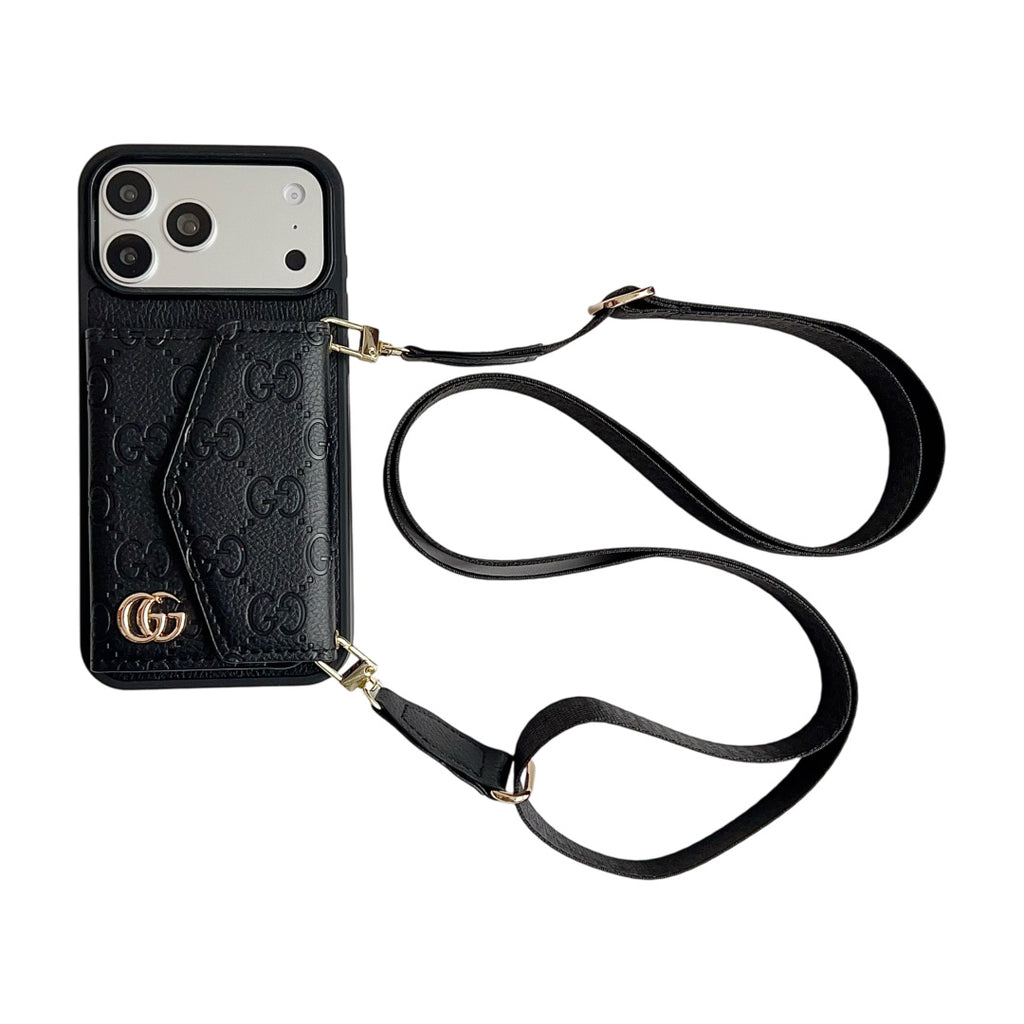Quilted Emblem Phone Case with Card Pocket and Strap