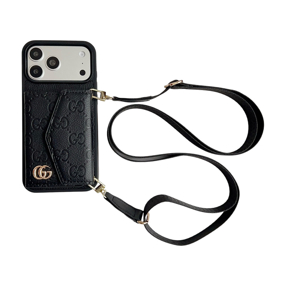 Quilted Emblem Phone Case with Card Pocket and Strap