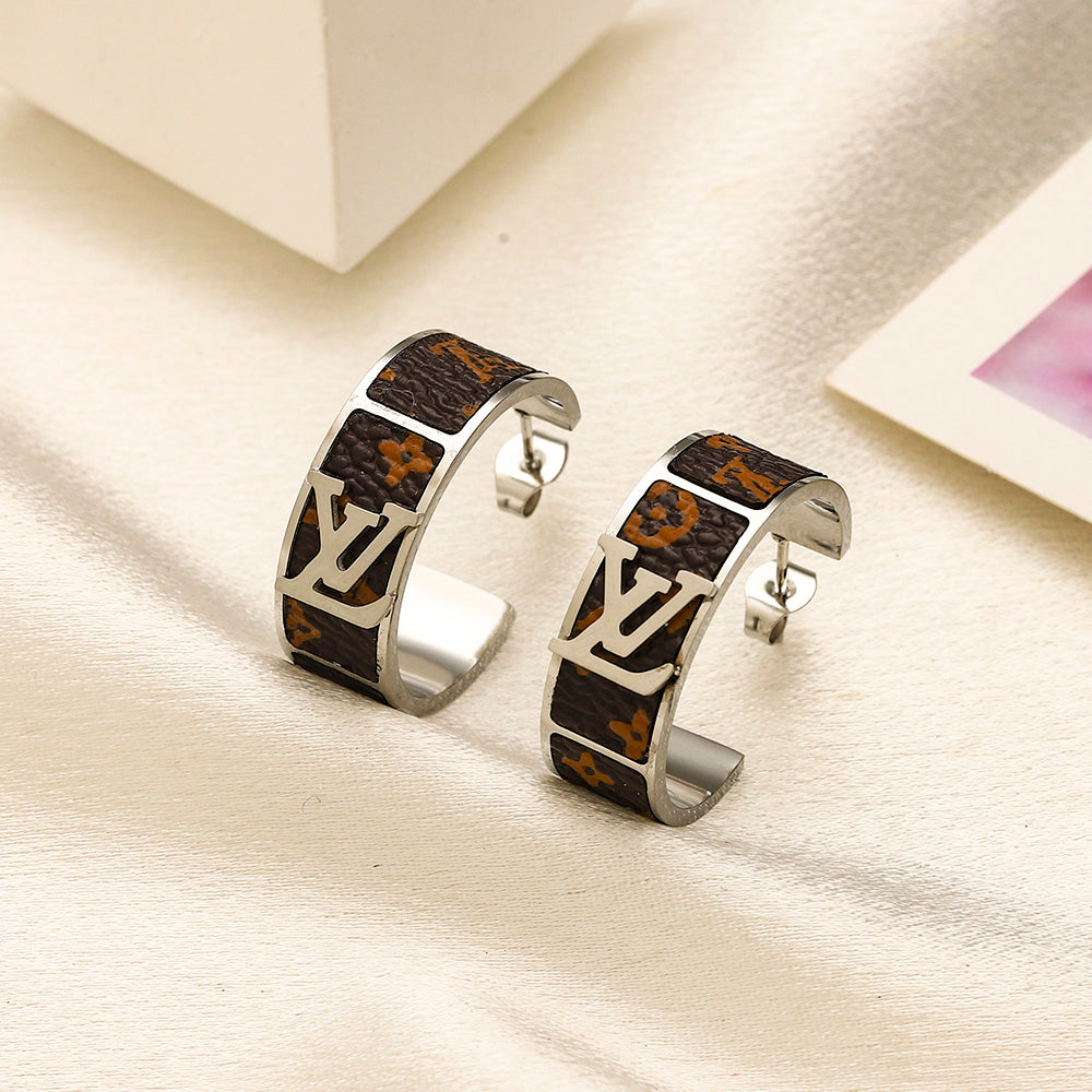 Boucles d'oreilles créoles en acier inoxydable 304 avec monogramme incrusté noir