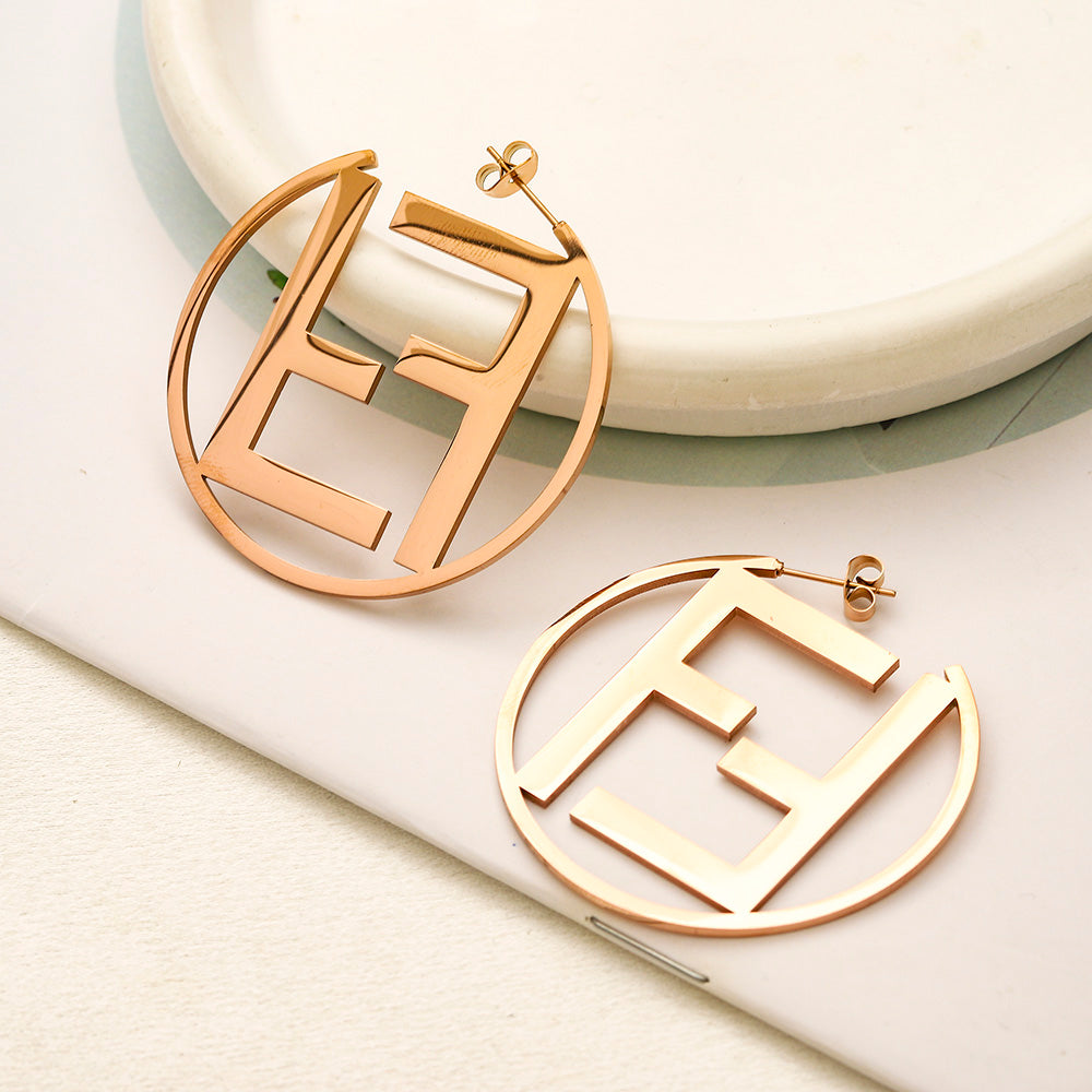 304 Stainless Steel Openwork F-Motif Hoop Earrings