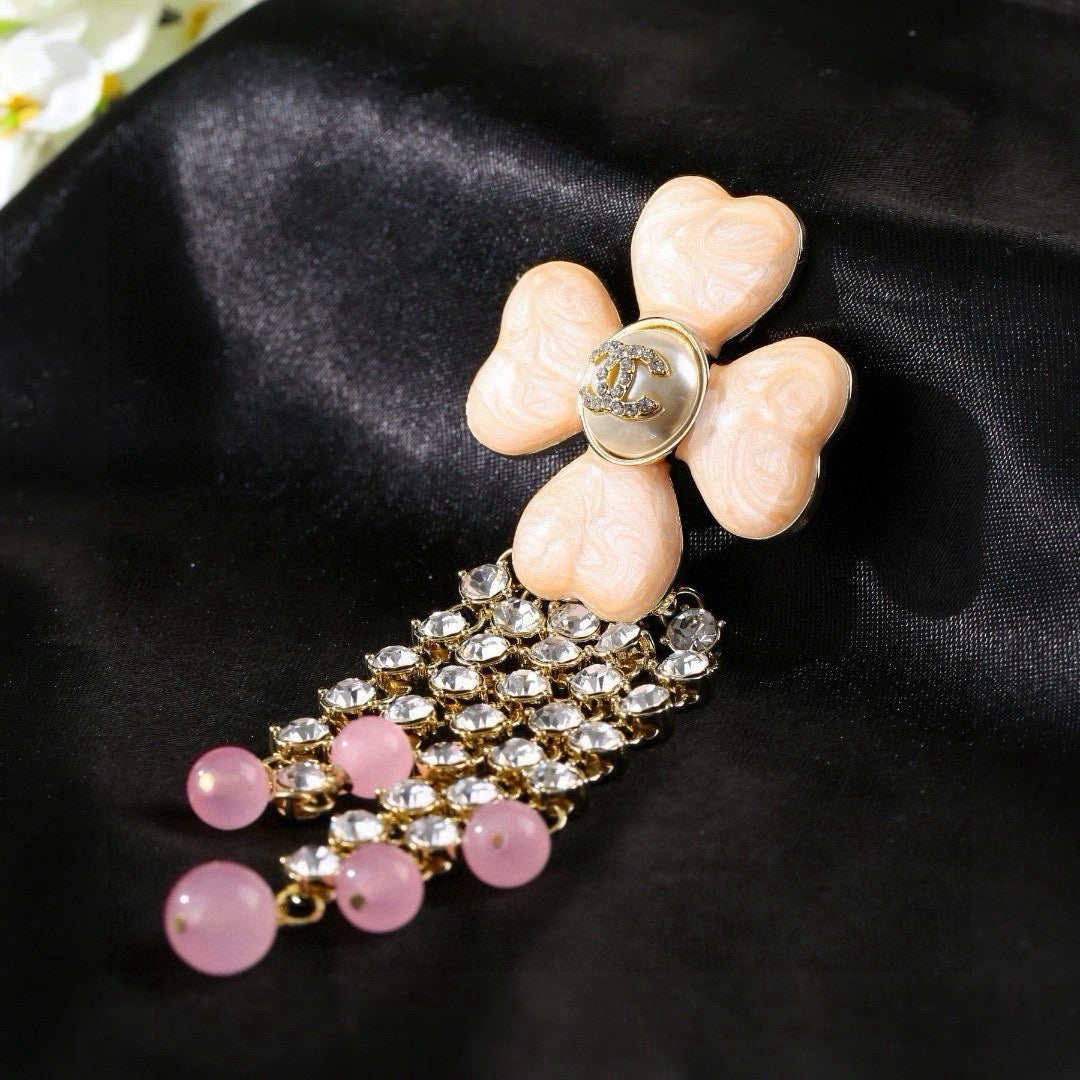 Flower Brooch with Stone Chain & Bead Drops
